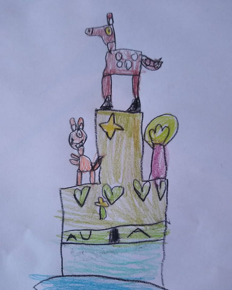 projekt na urodziny dziecka, rysunek dziecka, dwa piętra, sarna drzewo, serduszka wiewiórka gwiazda